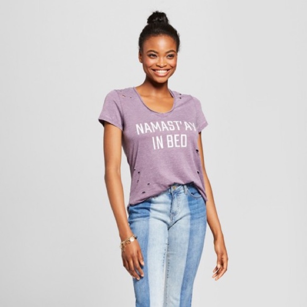 Women’s “Namastay in Bed” Destructred Graphhic Tee